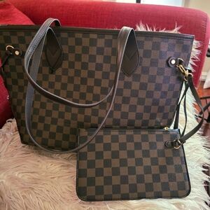 Brown and Black Checkered Tote with Leather Straps